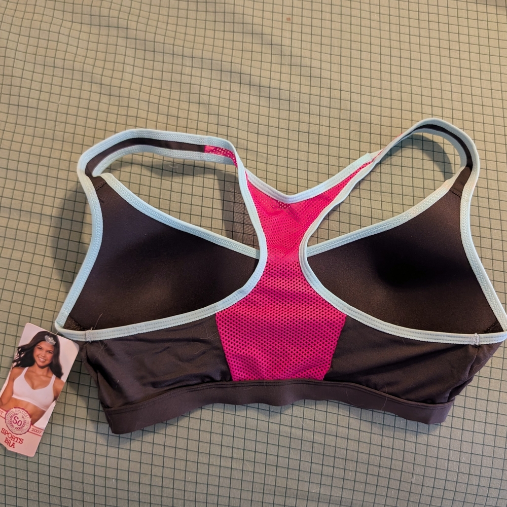 Women's Racerback Sports Bra in Gray and Pink with light blue trim. - Picture 2 of 5